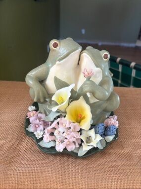 Porcelain Frog Couple Figurine with Pastel Floral Accents music box